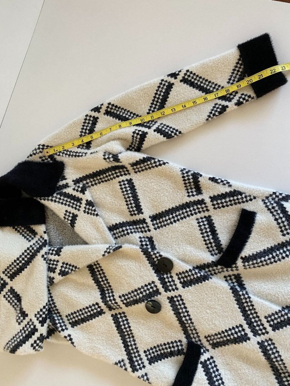 Joseph Ribkoff Windowpane Diamond Longline Coatigan Jacket Black Cream Sz Small - Picture 8 of 10